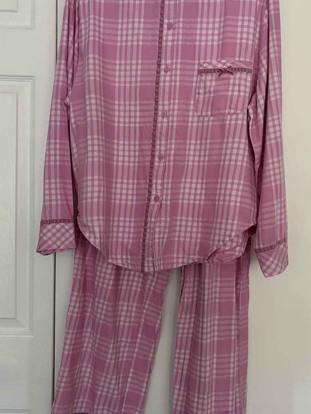 Victoria’s Secret PINK Flannel Pajama Set Pink Plaid Velvet Trim Large